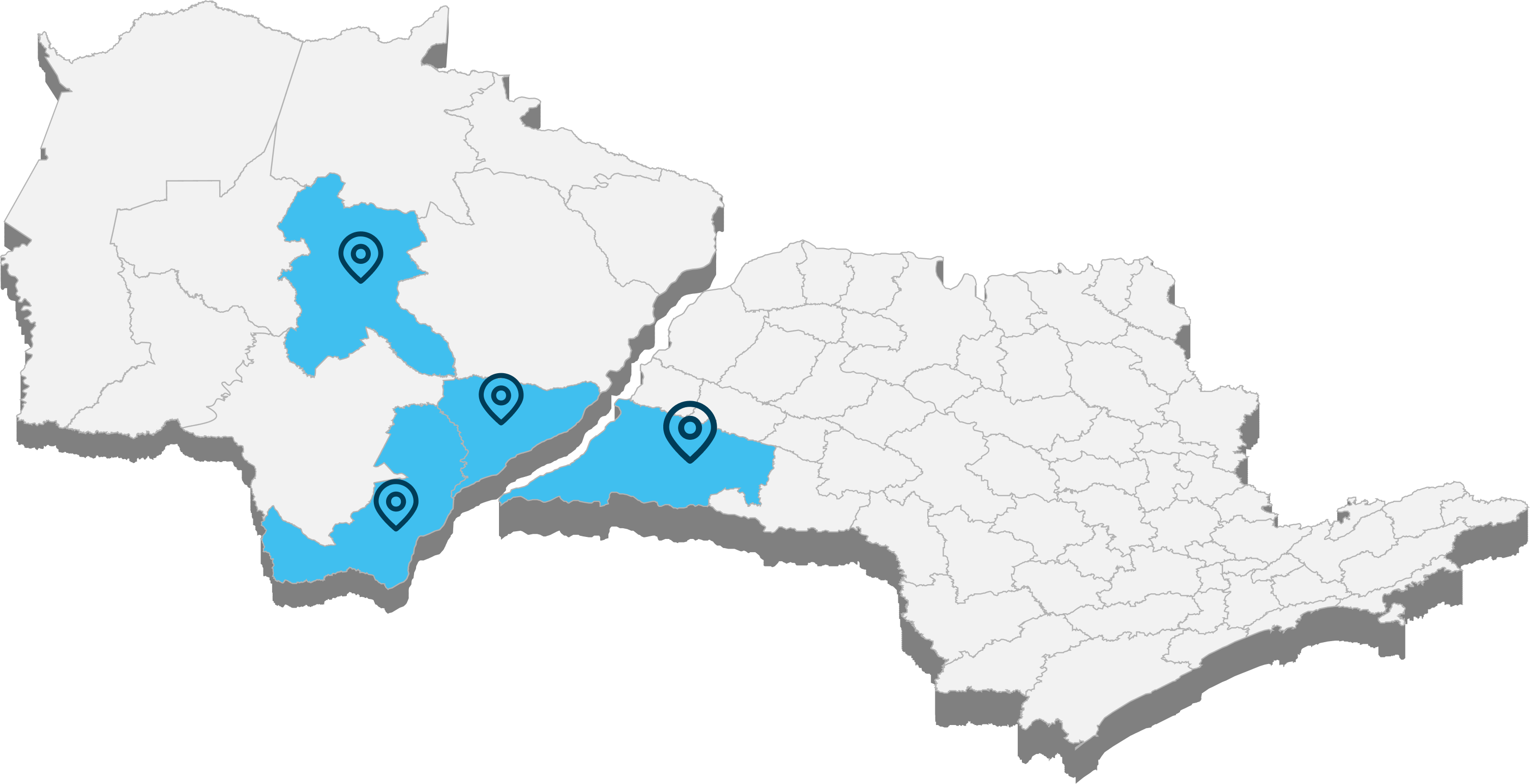 Mapa com marcações referente a Área de Atuação da Oeste Saúde